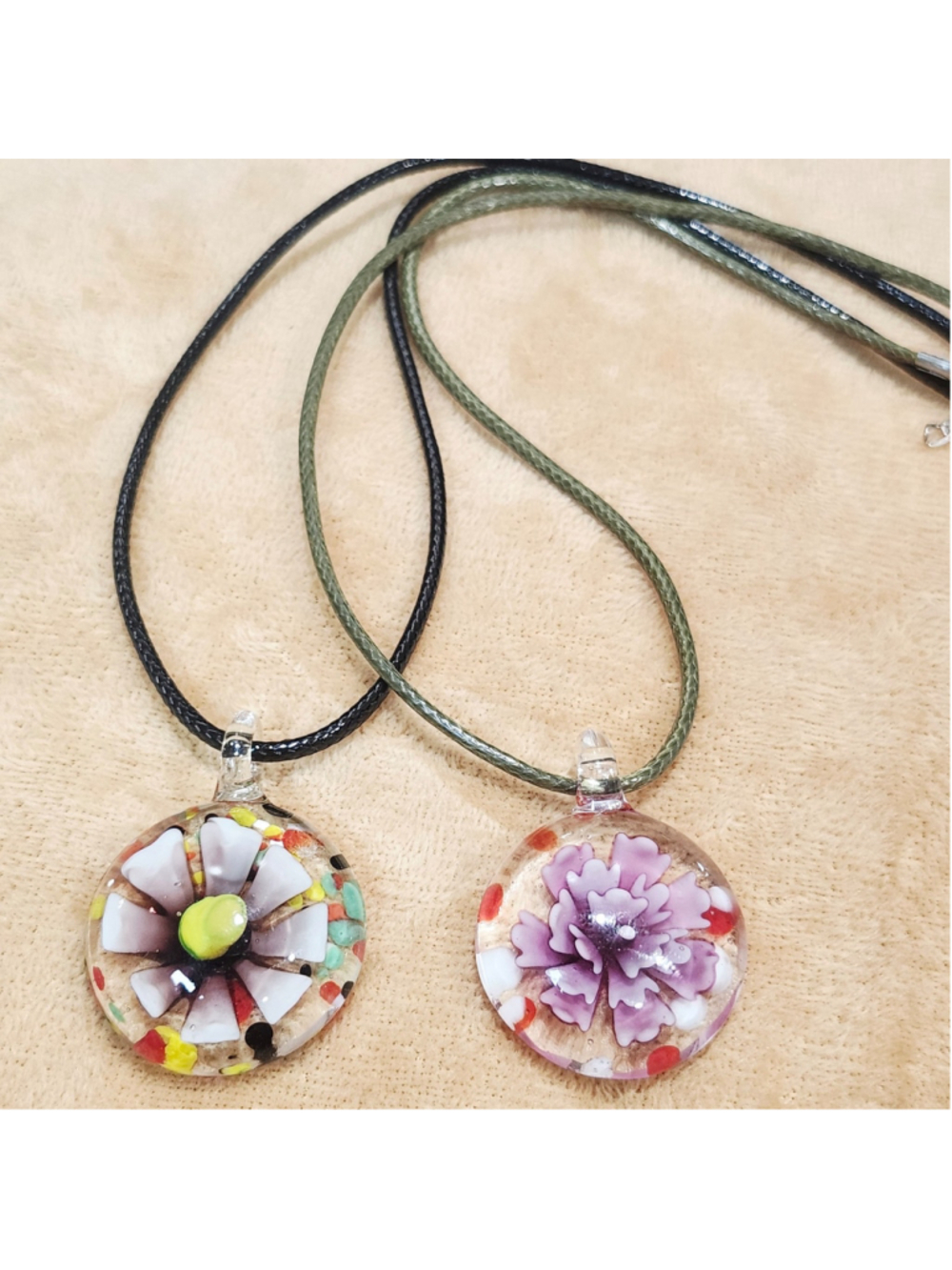 2 Glass Pendant Purple Flower Necklaces